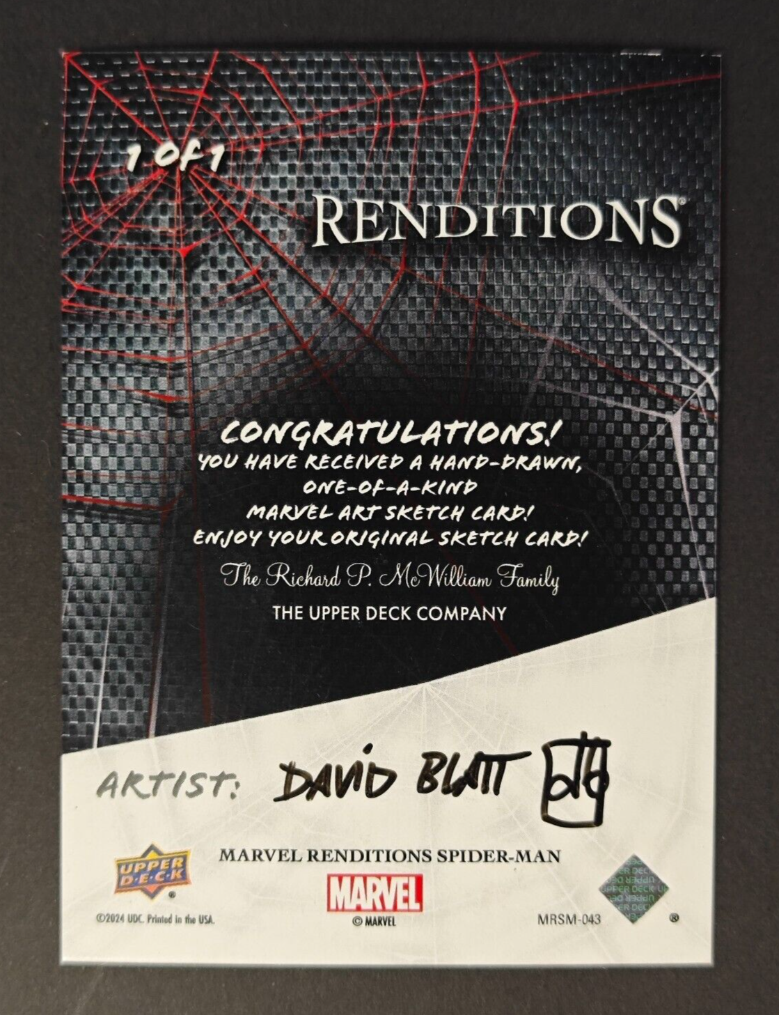 2024 Upper Deck Renditions 1/1 Marvel Sketch Card Spider-Man David Blatt