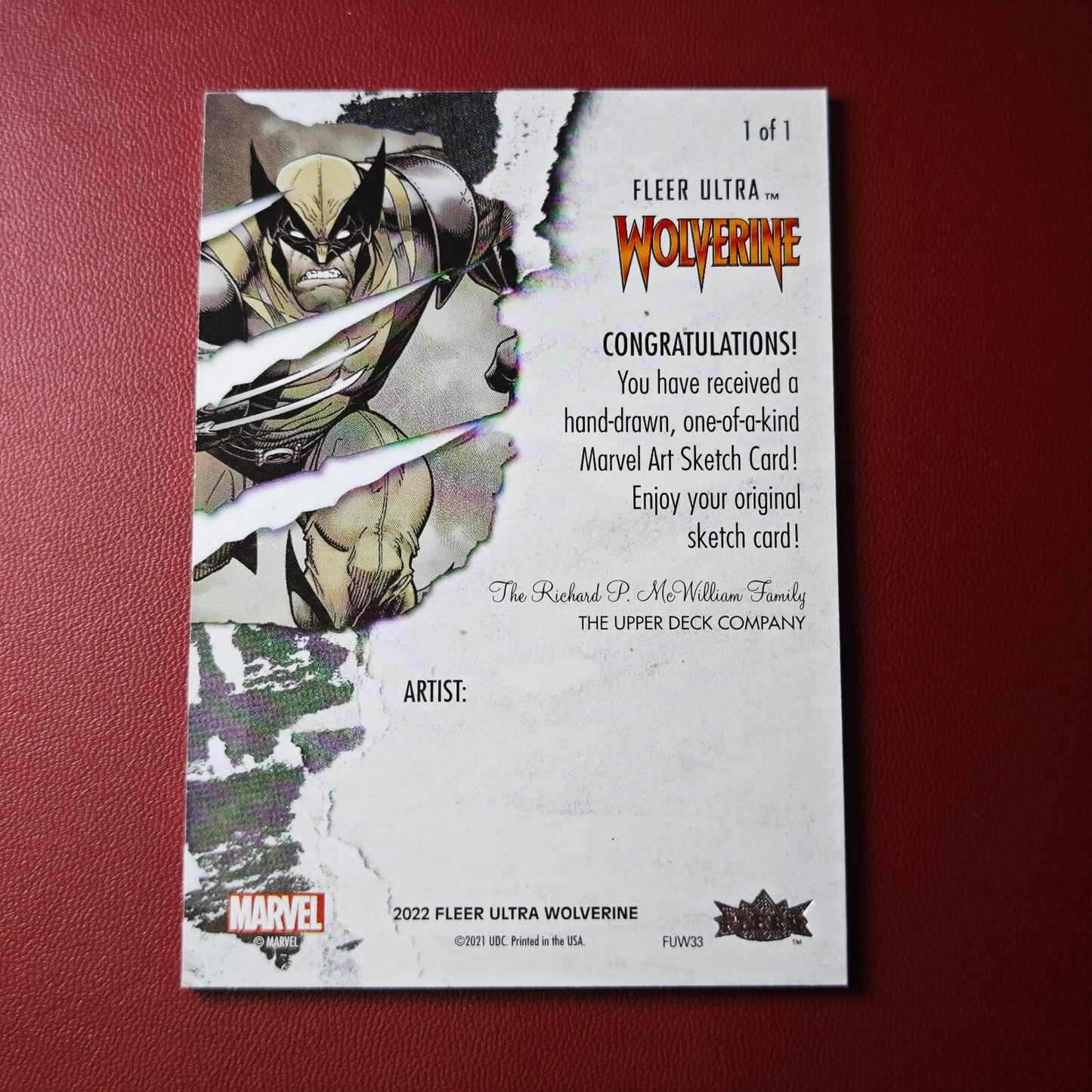 2022 Fleer Ultra Wolverine 1/1 Blank Artist Sketch Card